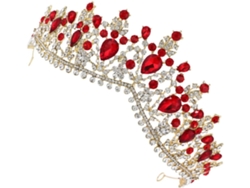 Gran Corona Nupcial Dorada Con Cristales Rojos - Elegante Accesorio Para El Cabello De Boda