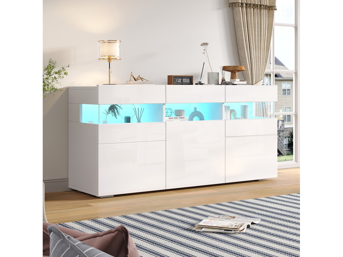 Aparador 140x40,5x66,5 cm, 3 Puertas, con LED, 7 Estantes, Blanco, Mobrio
