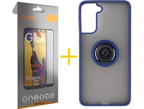 Carcasa y Protector de Pantalla de Vidrio Full Samsung S21 Plus ACCETEL Gel Bumper Ring Azul