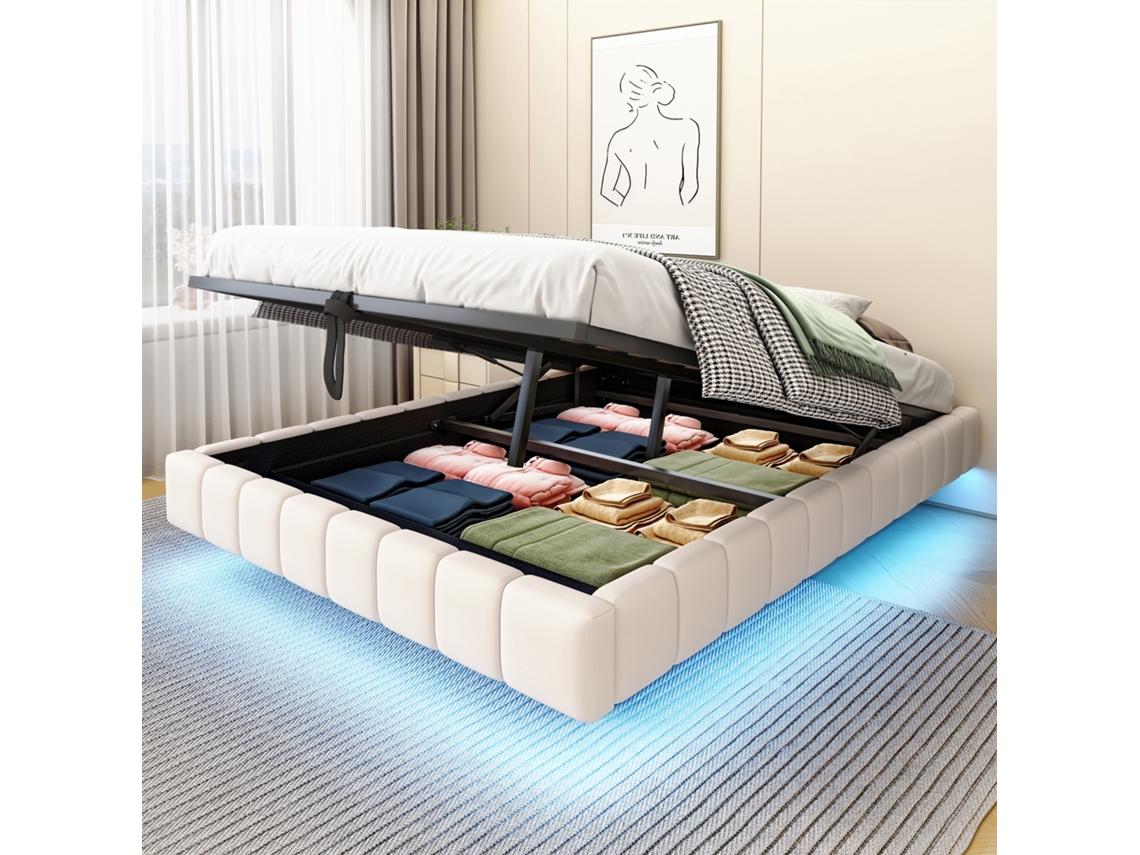 Cama Suspendida De 140x200 Cm Con Iluminación Led Y Almacenamiento Hidráulico Para Ropa De Cama.