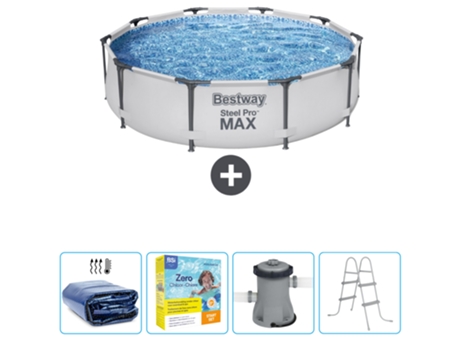 Piscina BESTWAY Round Steel Pro MAX - 305 x 76 cm - Gris - Incluida Vela solar - Paquete de mantenimiento - Bomba - Escalera