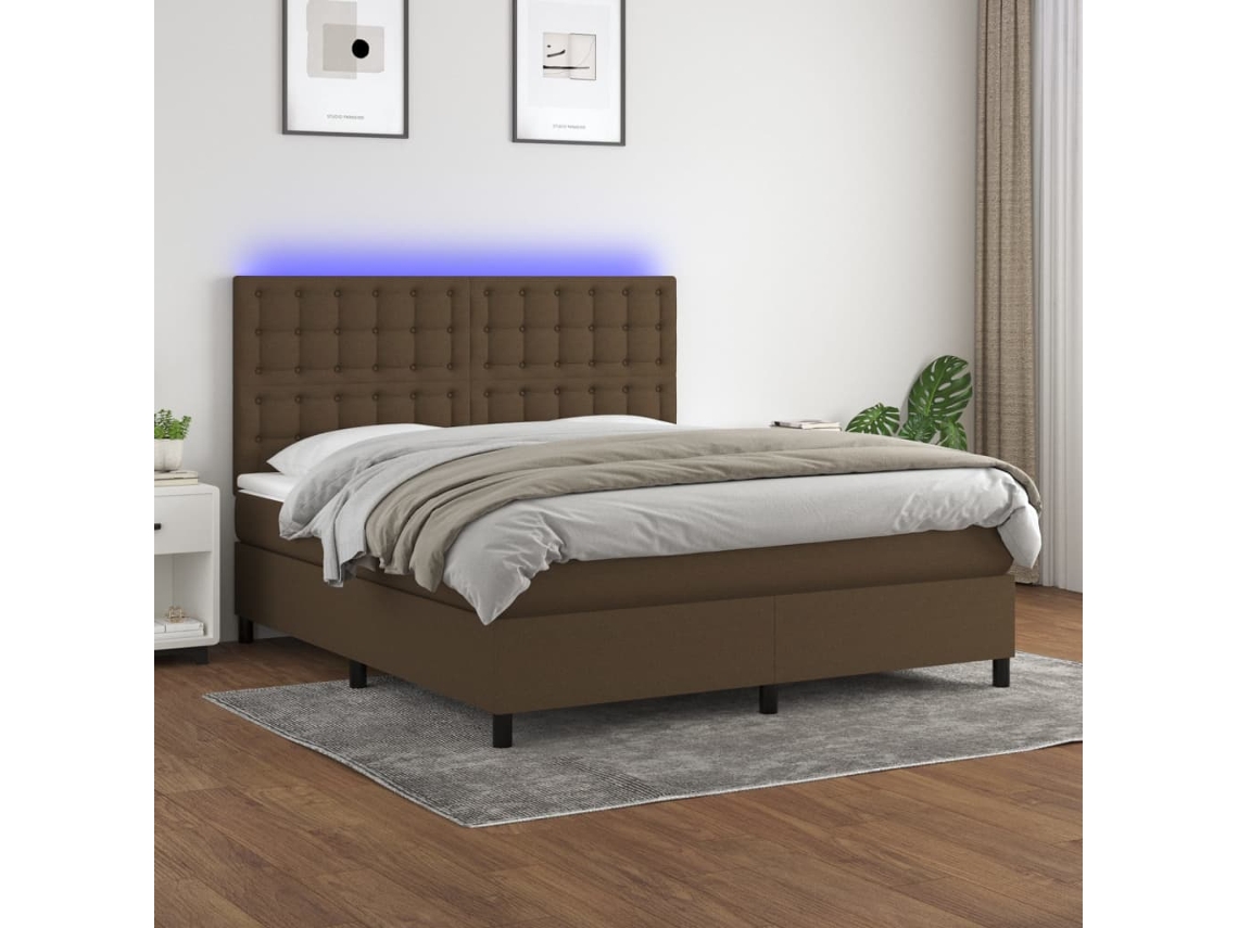 Cama Box Spring Colchón Luces Led Tela Marrón Oscuro 180x200cm