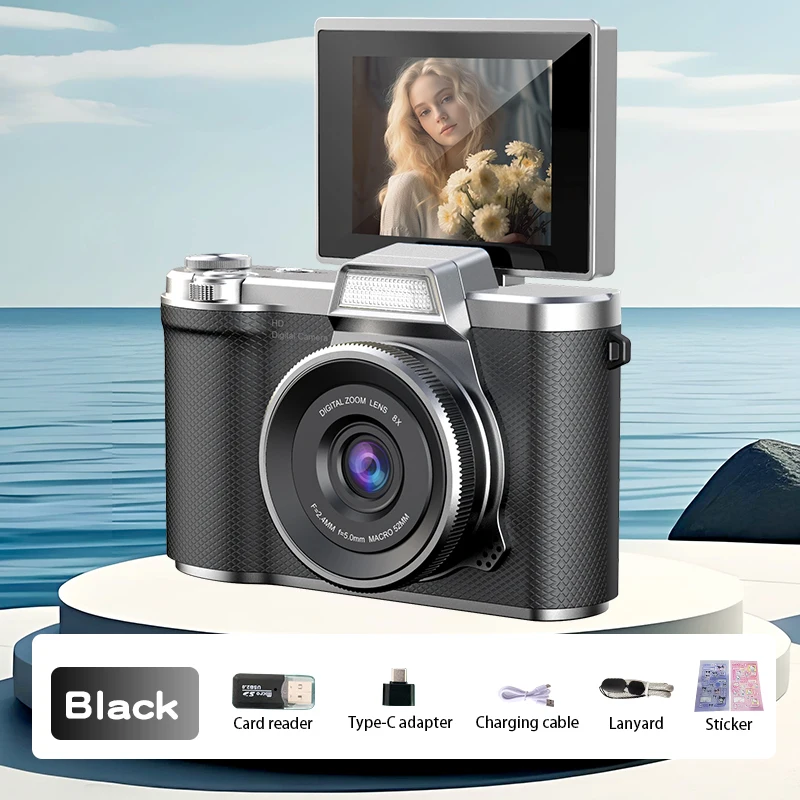 (negro Con Tarjeta Tf De 64 Gb) Cámara Digital 4k Con Resolución De 48 Mp, Pantalla Abatible De 180° Recargable.
