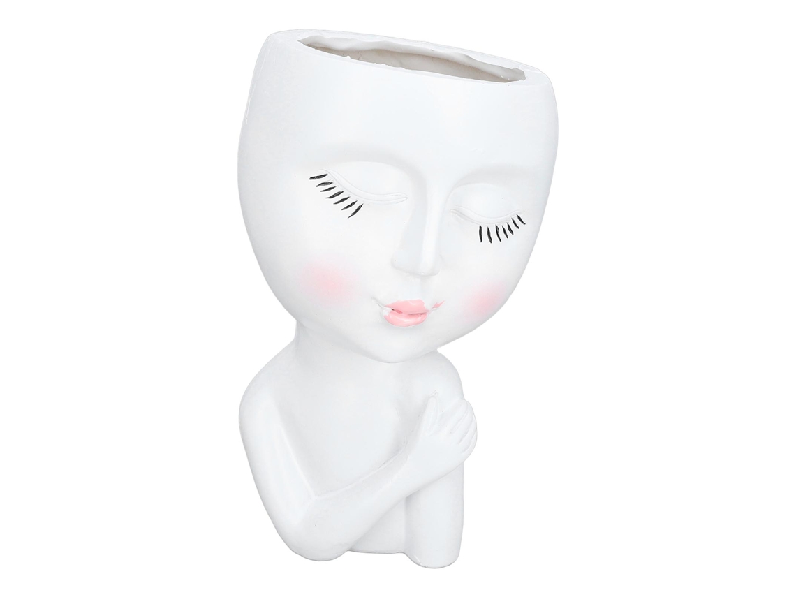 Maceta De Resina Cara Niña Con Ojos Cerrados Para Plantas Suculentas, Jardín Y Oficina Blanco
