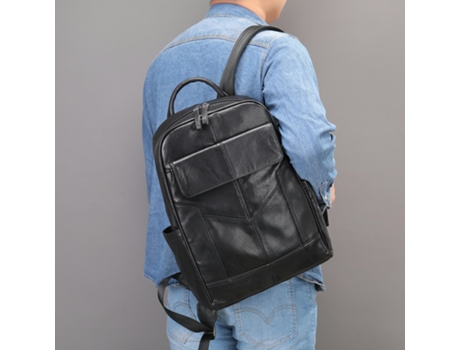 Mochila de cuero genuino Bolsa para computadora portátil vintage Mochila informal resistente al agua para hombres-8226 Negro