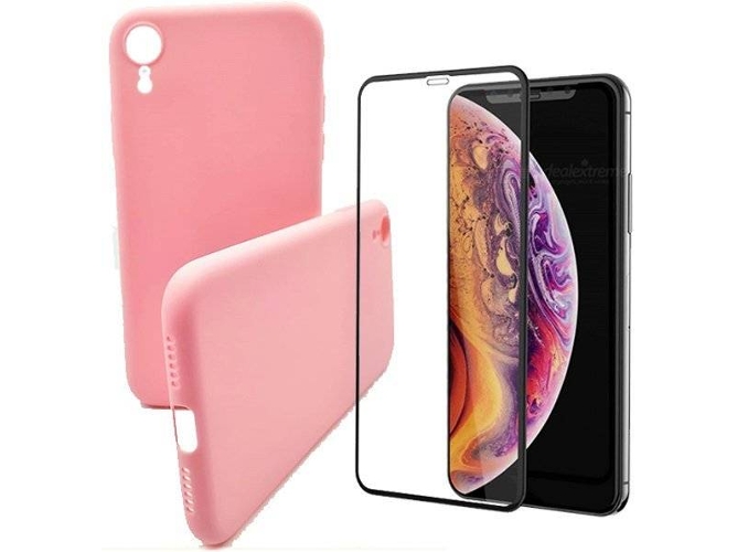 Kit Funda y Protector de Cristal 5D Full Cover iPhone XR Silicona Rosa