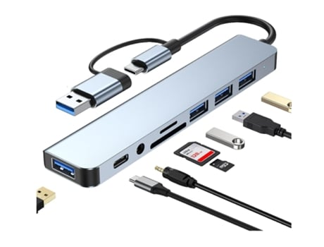 Concentrador USB, concentrador USB-C (8 puertos 1), adaptador multipuerto con interfaz 2 en 1, divisor USB 3.0 ultradelgado, lector de tarjetas SD ...