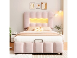 Cama Tapizada 90x200 Cm - Sin Colchón, Led, Hidráulico, Cabecero Ajustable, Terciopelo, Rosa