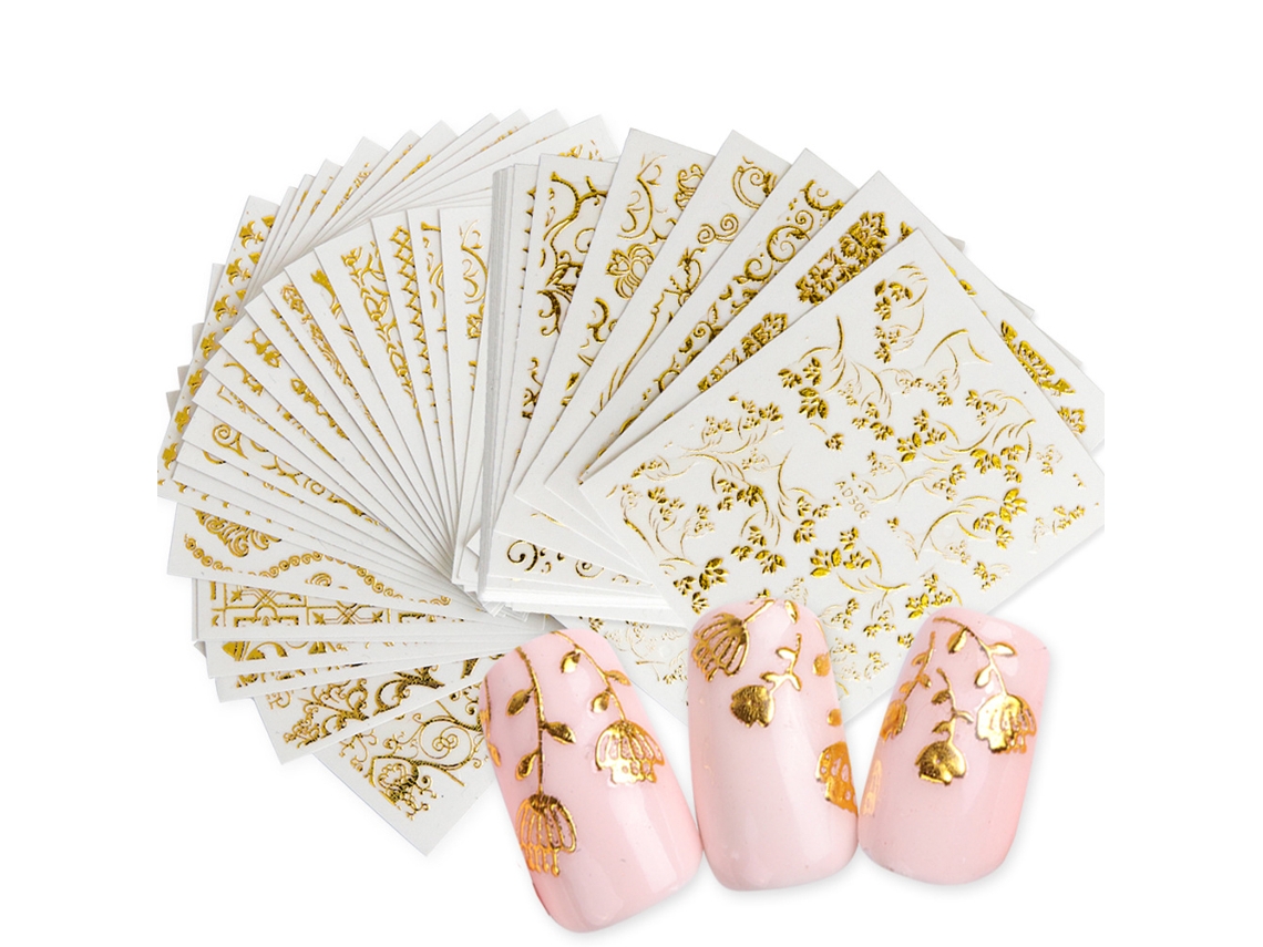 Pegatinas 3d Doradas Para Uñas, Calcomanías Metálicas, Decoraciones De Flores Y Hojas, Encaje