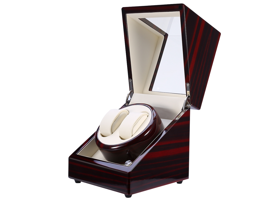 Caja de almacenamiento para 2 relojes con cargador automático, hecha de madera.