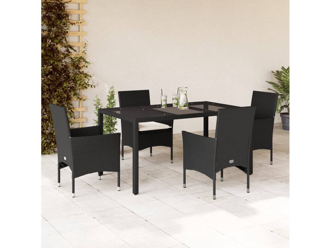 Juego de comedor de jardín de 5 piezas con cojines de mimbre negro de polietileno y vidrio, Dkd Home Decor