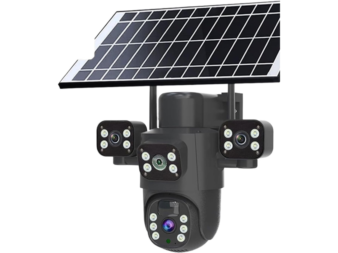 Cámara De Vigilancia Exterior Ptz De 6 Mp Con Energía Solar, 3 Lentes, Pantallas Y Sistema De Seguimiento.