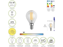Bombilla led filamento globo mini rosca e14. 4,5 watt. equivale a 40 watt. 470 lumenes. luz cálida (2700  k.)