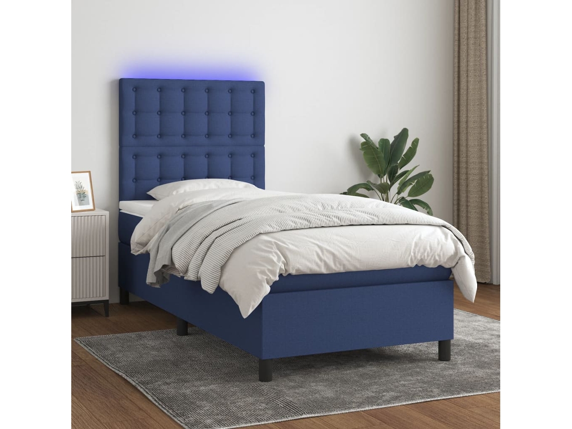 Cama Box Spring Colchón Y Luces Led Tela Azul 90x200 Cm