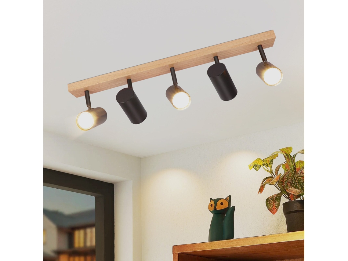 Foco de techo Nettlife de 5 llamas, madera negra, vintage, GU10, ajustable 350°