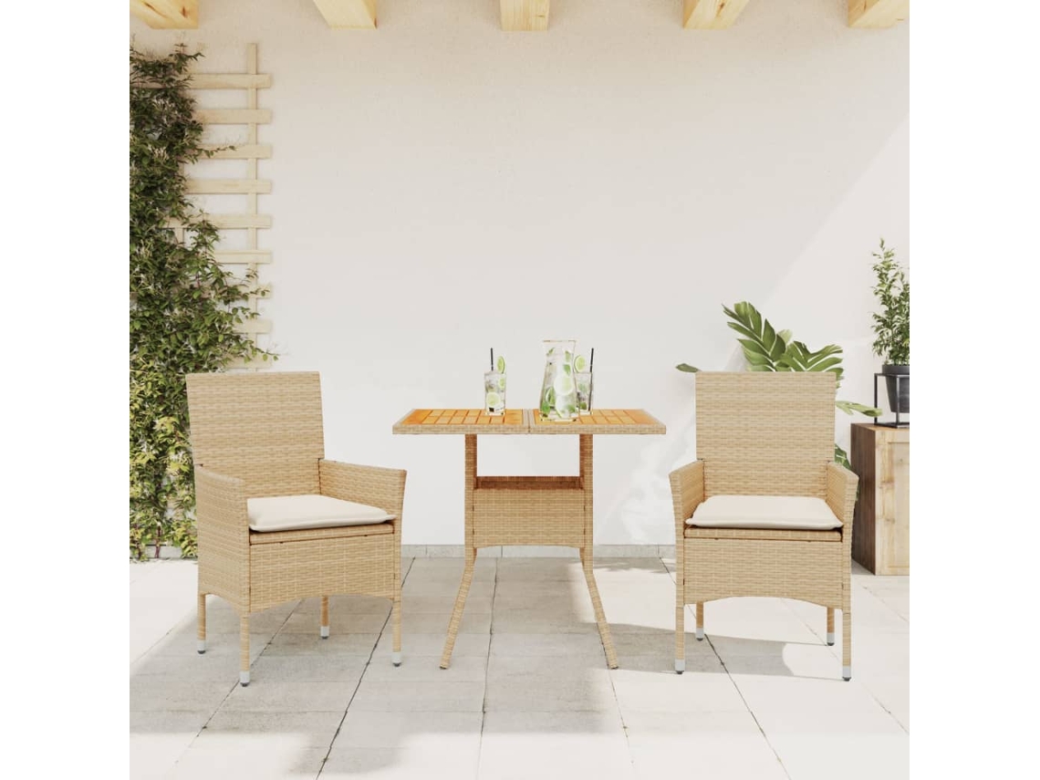 3 Pcs Conjunto Jantar Jardim C/ Almofadões Vime Pe/ Acácia Beige Dkd Decoración Del Hogar