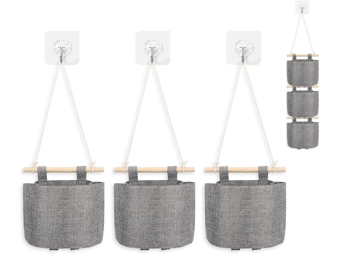 Bolsas de almacenamiento colgantes pequeñas (paquete de 3) - Cesta impermeable para colgar sobre la puerta, organizador para sala de estar y baño (gris)