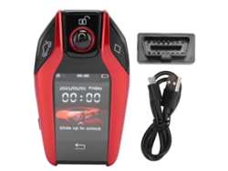 Mando a distancia con pantalla LCD para acceso sin llave y arranque del coche mediante botón rojo.