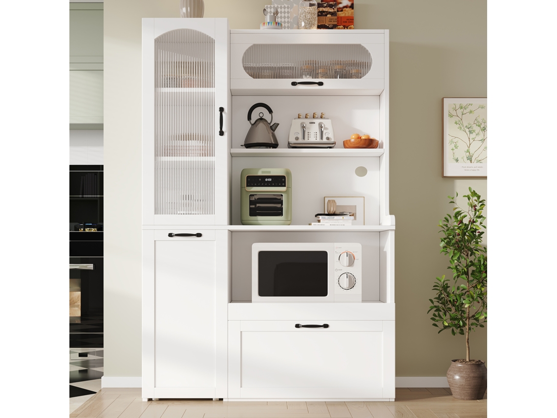 Armario Alto Con Estantes Deslizantes, Cristal Estriado, Cocina, Blanco