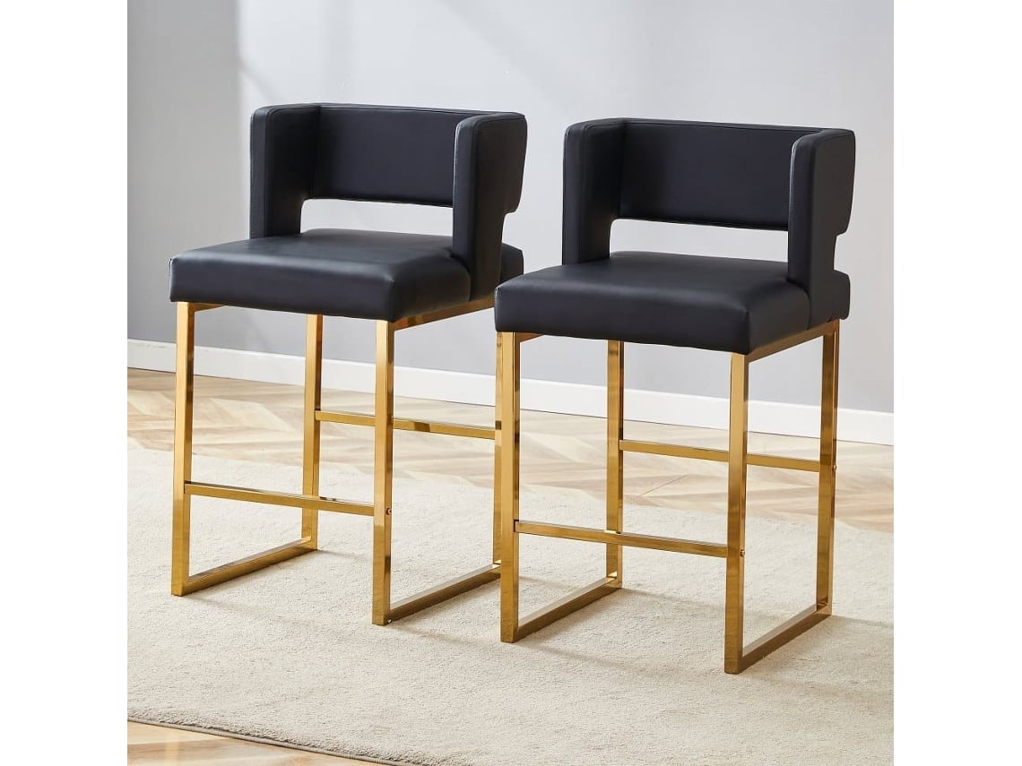 Taburetes De Bar 2 Unidades - Estilo Nórdico, Diseño Cuadrado, Patas Metálicas Doradas - Negro+oro