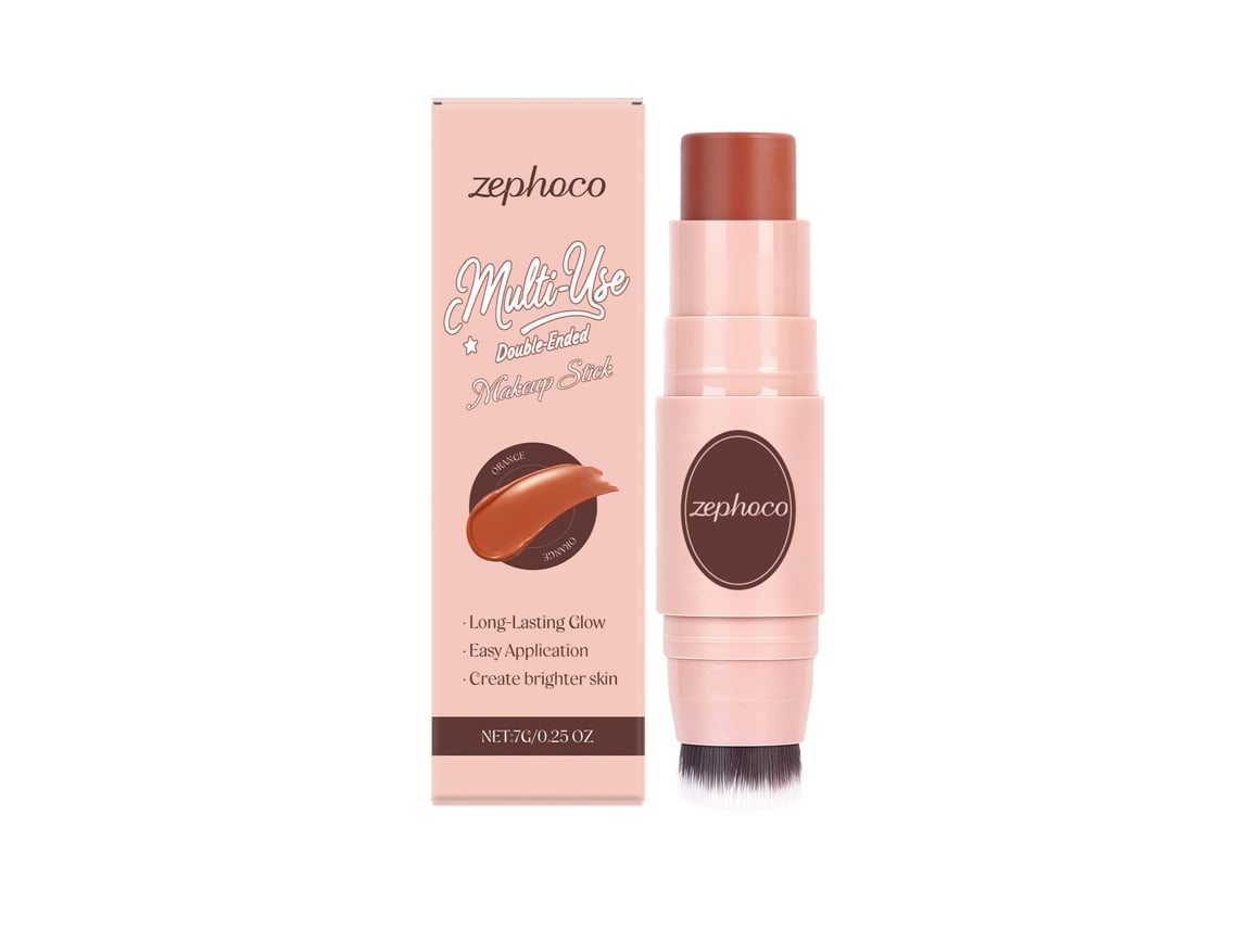 Brocha de maquillaje naranja de doble punta para múltiples usos.