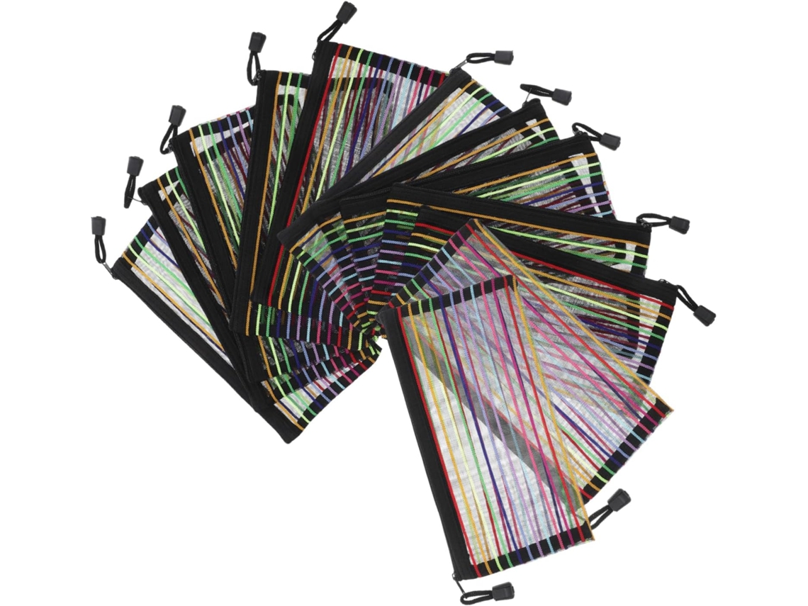 Juego de 12 bolsas impermeables de malla con cremallera, organizador de material escolar con estampado de rayas y estuche para lápices.