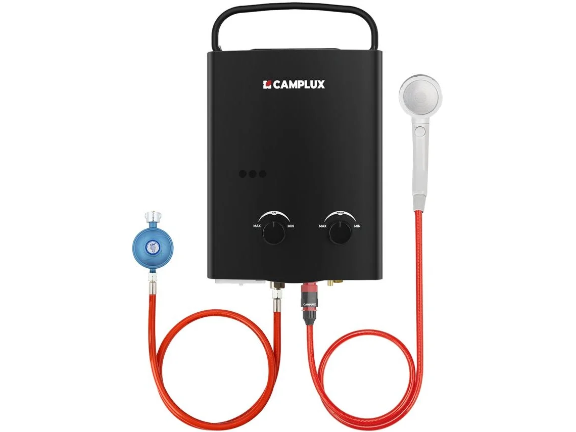 CAMPLUX AY132B-DE Calentador de Agua de Gas 5 Litros con Asa Plegable Portátil, GLP, 50mbar, para el Viaje, RV, Campamento, Caballos, Negro
