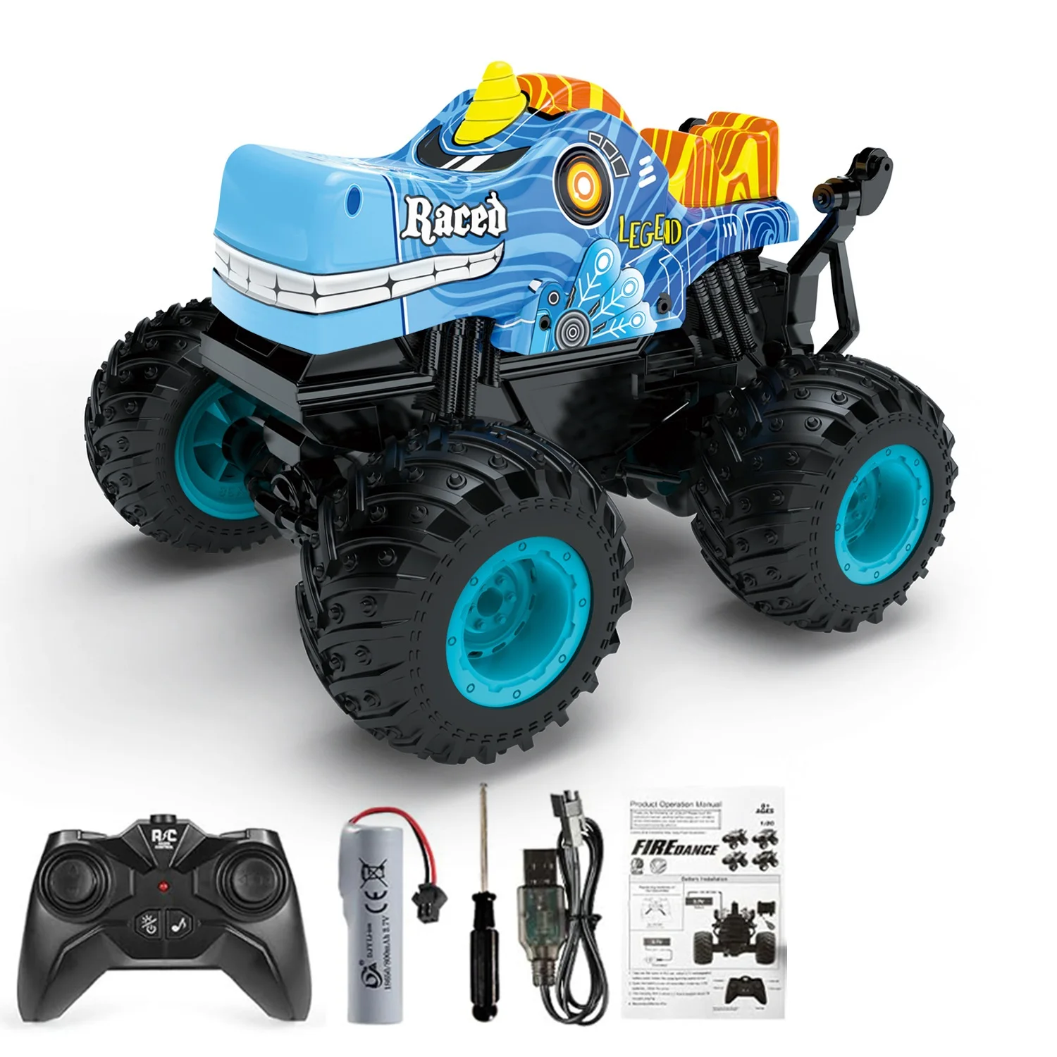 (azul) Coche Teledirigido 2.4g Con Música, Luces, Acrobacias Y Cabeza De Tiburón Giratoria De 360 Grados
