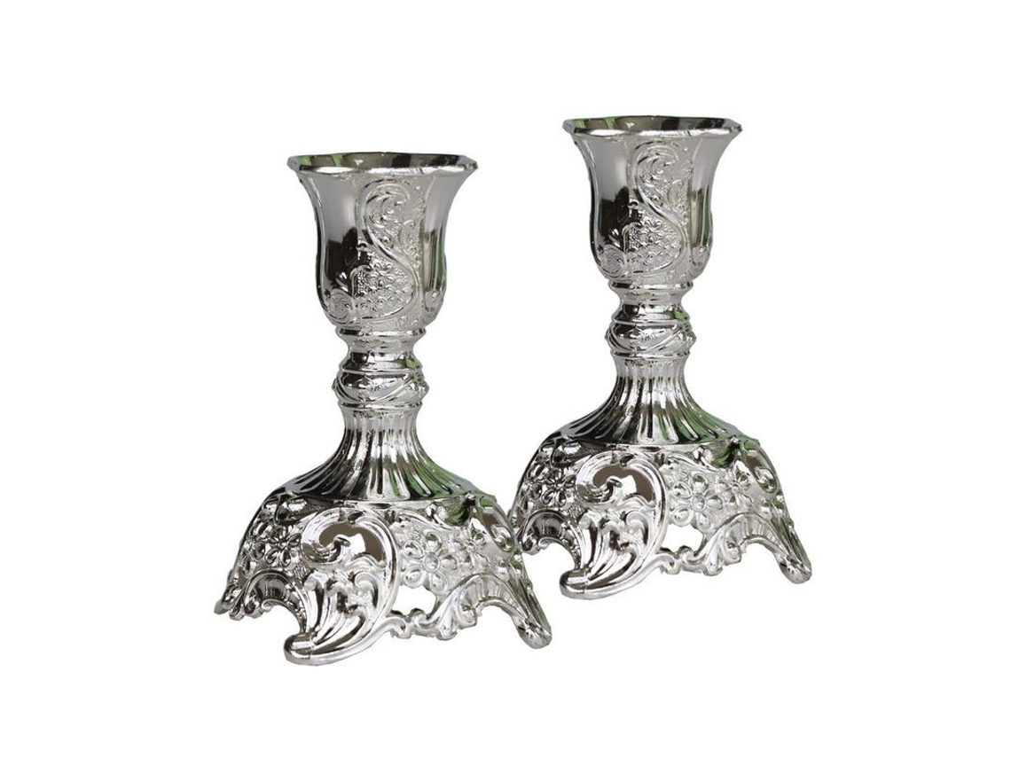 Candelabro Linjou De Metal Plateado Con Diseño Grabado De Lujo, Juego Premium De 2