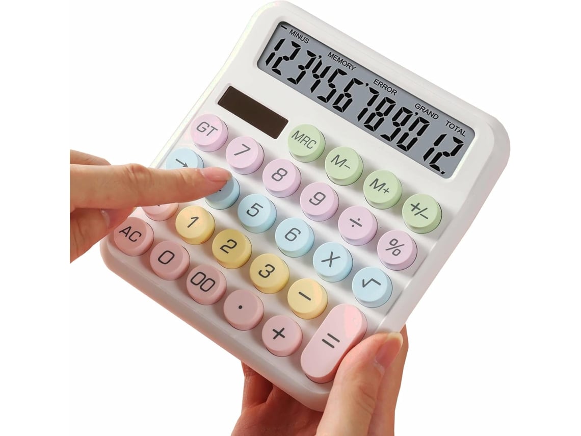 Calculadora Chrui con doble fuente de alimentación, pantalla LCD mecánica de 12 dígitos y botón grande (blanca)