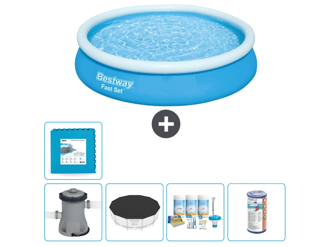 Piscina hinchable redonda Fast Set BESTWAY - 366 x 76 cm - Azul - Bomba incluida Cubrir - Paquete de mantenimiento - Filtrar - Baldosas