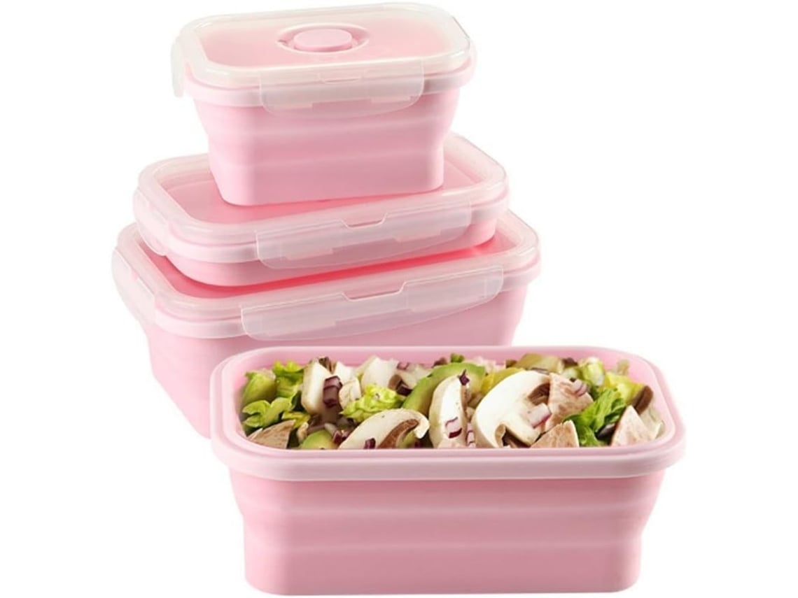 2026-41510-caja De Almuerzo De Silicona Plegable 2 Piezas 350ml+350ml Rosa Apta Microondas Lavavajillas Niños