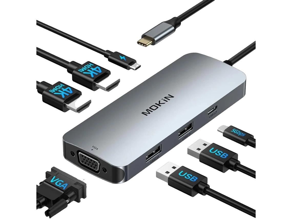 Estación de acoplamiento USB-C, compatible con dos monitores, 7 puertos, 7 en 1 (2 HDMI VGA OEM)