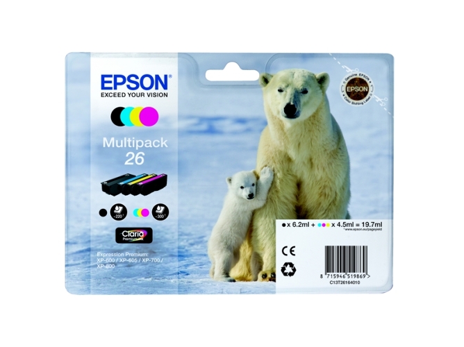 Pack ahorro cartuchos de tinta original EPSON, 26, Oso polar, C13T26164510, T2616