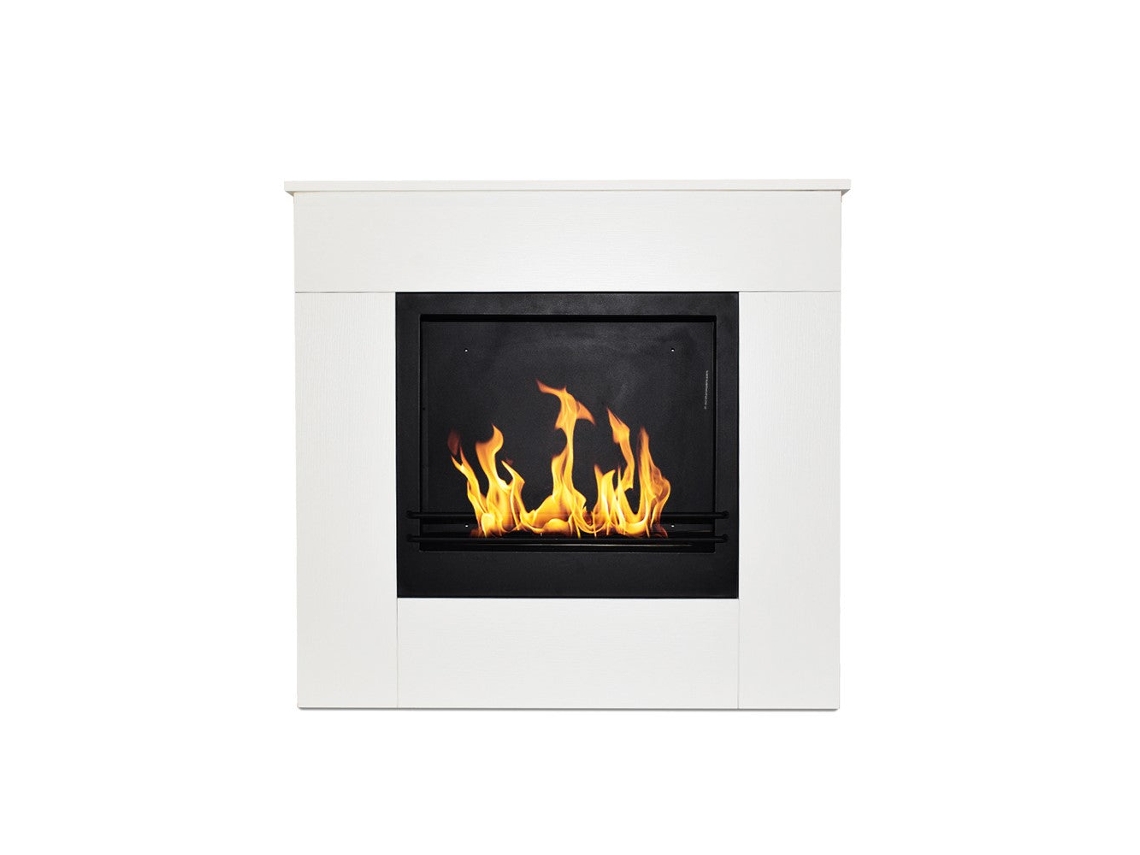 Chimenea de suelo Michelangelo en madera blanca, 96x36x90h, bioetanol, fabricada en Italia.