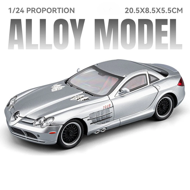 (slr Silver) Escala 1:24 - Miniatura de coche deportivo de metal fundido a presión con efectos de sonido y luz.