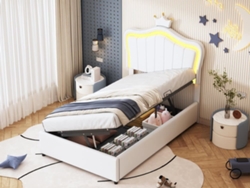 Cama Contenedor De Piel Sintética 90x200 Cm - Con Led Y Somier - Blanco