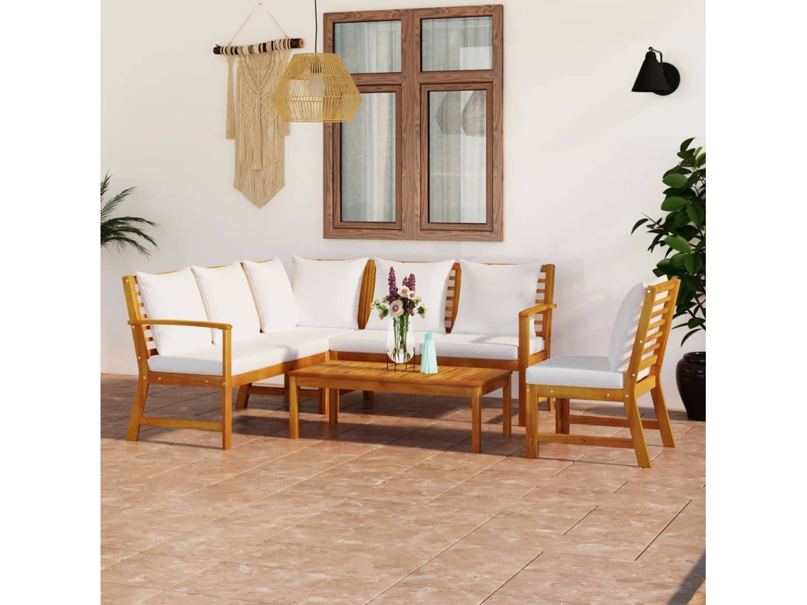 Conjunto 5 Peças Lounge Jardim C/ Almofadões Cor Creme Acácia Maciça Dkd Home Decor
