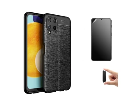 Carcasa + Protector + Soporte Samsung A22 4G Rugged Leather Negro BD-HF&LC