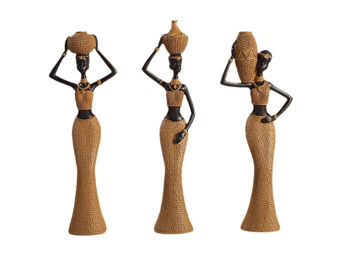 Figura femenina retro en resina con patrón trenzado para decoración de sala de estar.