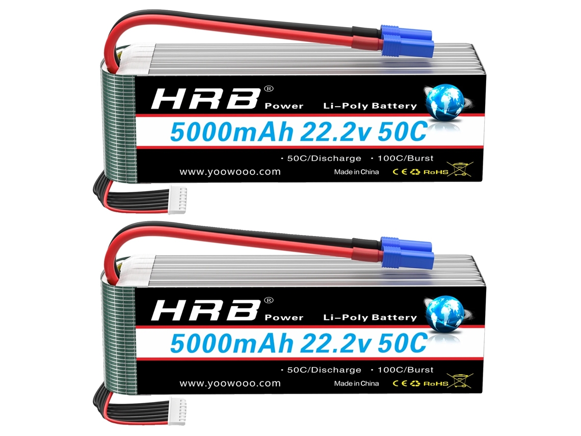 Batería Lipo RC HRB 5000 mAh, voltaje 22,2 V, tasa de descarga 50 °C, 6 s, 5000 mAh, EC5, 2 piezas, OEM