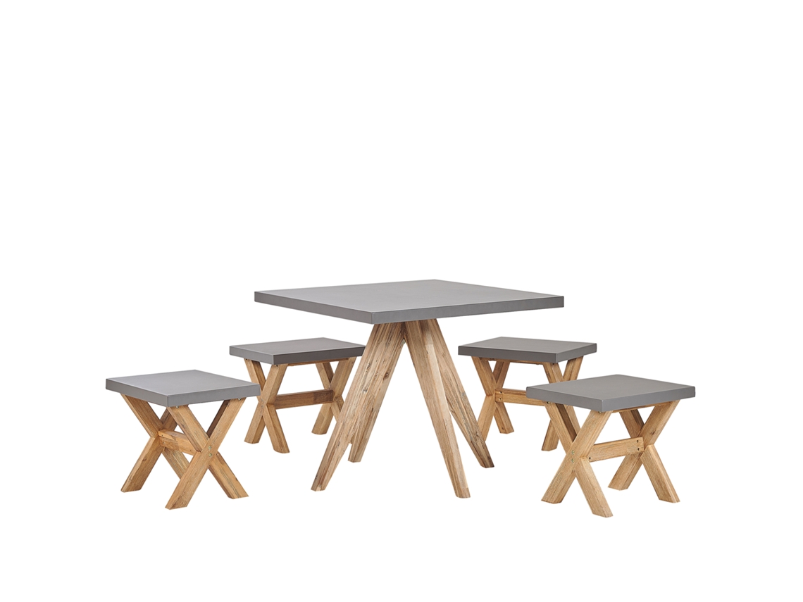 Conjunto de jardín de cemento reforzado mesa 90 x 90 cm 4 taburetes gris/madera clara BELIANI Olbia