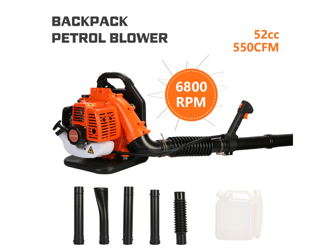 Soprador de folhas a gasolina de mochila, 52cc, 550cfm, potente e profissional para limpeza de jardins, 1,25kw/6800r/min, 1,2l