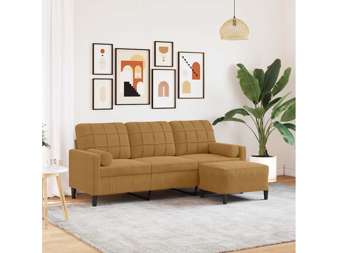 Sofá De 3 Plazas | Sofá De Salón | Sofá De Descanso Con Taburete De Terciopelo Marrón 180 Cm
