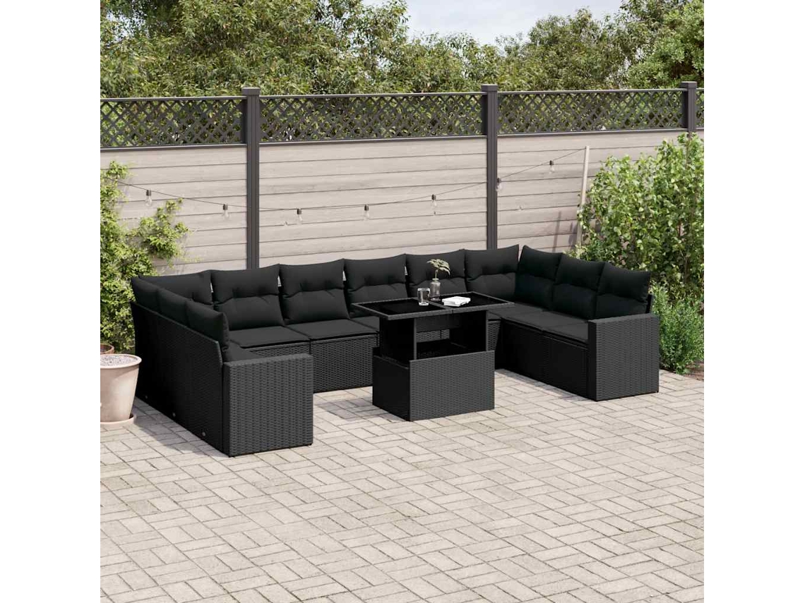 Conjunto de sofá de jardín de 11 piezas con cojines de mimbre sintético negro de DKD Home Decor