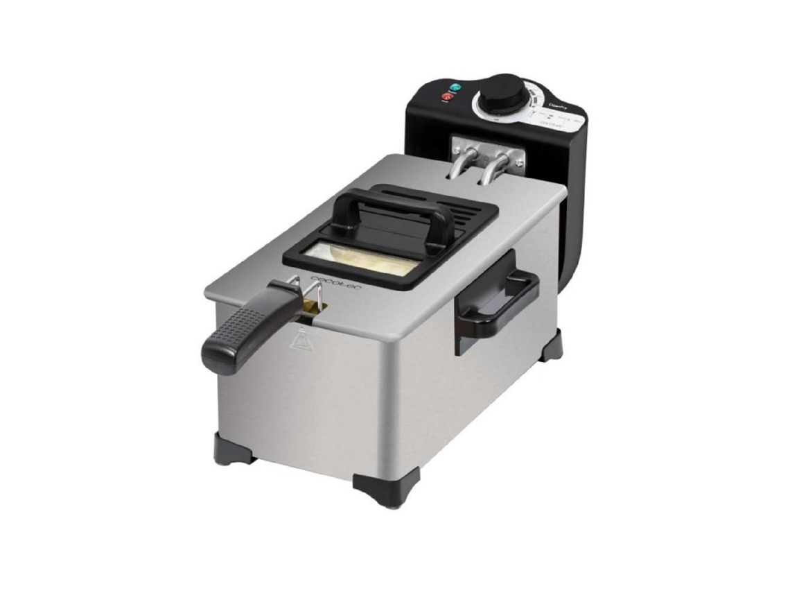 Freidora eléctrica Cecotec Cleanfry de 3 litros, 2000 W, acero inoxidable, filtro limpiador de aceite, cuerpo, depósito.