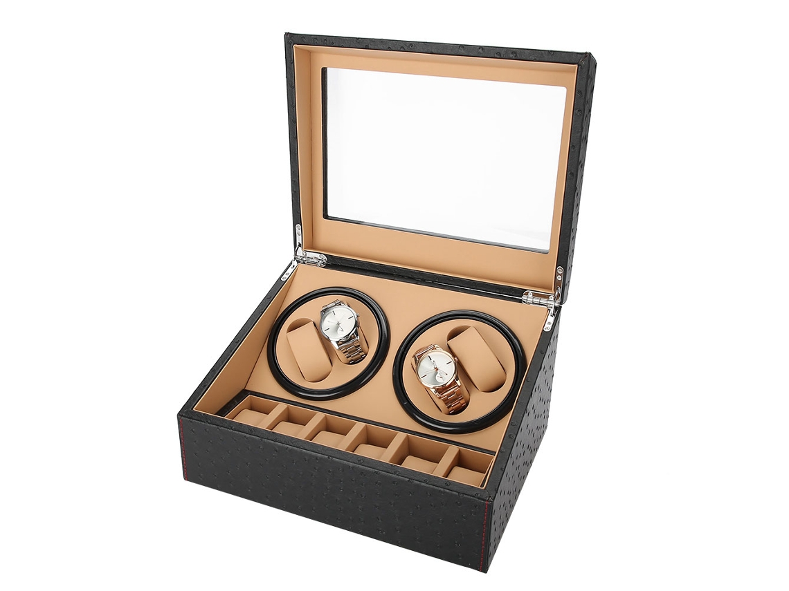 Caja giratoria mecánica para relojes, 4 compartimentos, diseño automático, 6 compartimentos, piel de avestruz.