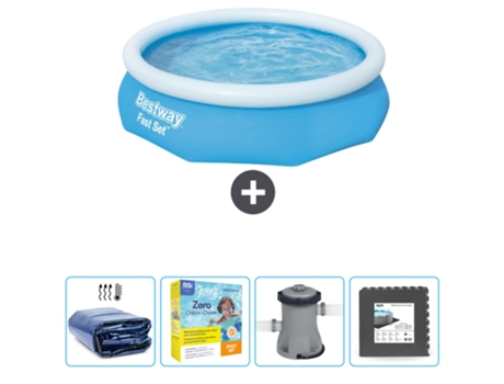 Piscina Hinchable Redonda Fast Set BESTWAY - 305 x 76 cm - Azul - Incluida Vela solar - Paquete de mantenimiento - Bomba - Baldosas