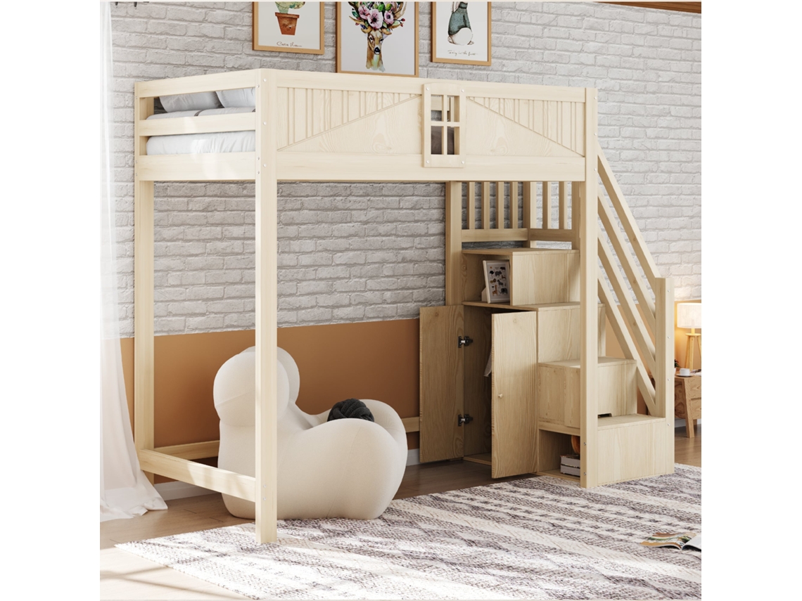 Cama Alta De Madera De 90x200 Con Puertas, Ventanas, Escalera Plegable Y Acabado Natural.