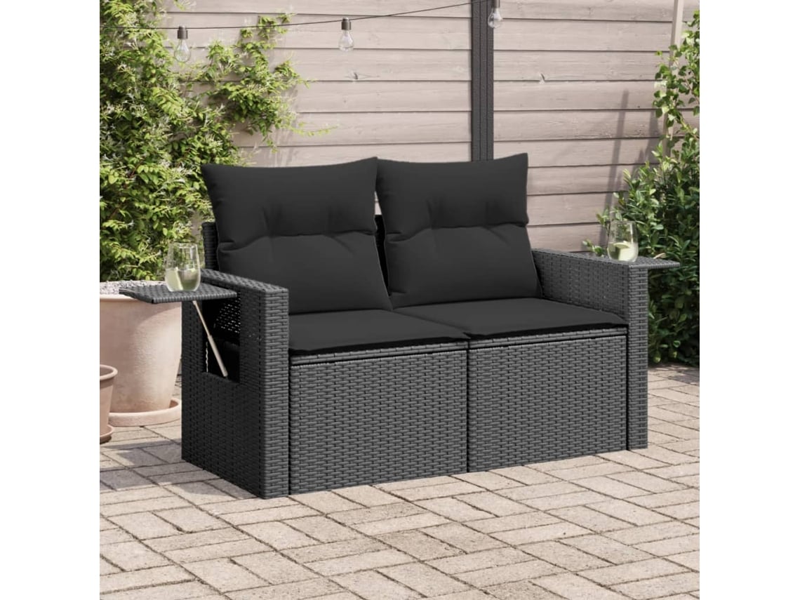 Sofá de jardín de 2 plazas con cojines, mimbre, negro, PE, Dkd Home Decor